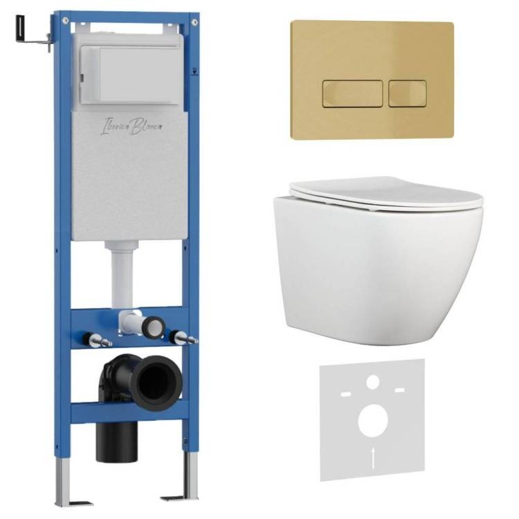 Унитаз с инсталляцией Iberica Blanca Bilbao Alto IB.001M.BLA.234.215 безободковый, с крышкой-сиденьем микролифт, с кнопкой матовое золото