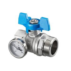 Кран шаровой Oventrop DN 25 G1 ВР х G1 НР, плоское уплотнение, с термометром, синий маховик