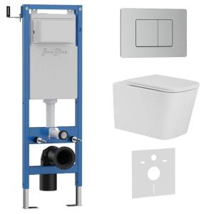 Унитаз с инсталляцией Iberica Blanca Toledo Alto IB.001M.TLA.231.1132 безободковый, с крышкой-сиденьем микролифт, с кнопкой матовый хром