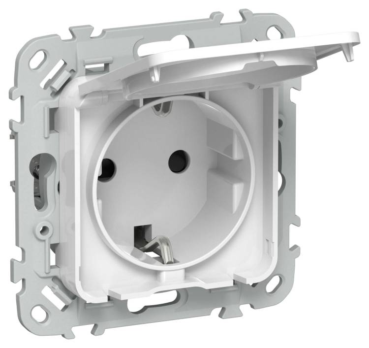 Розетка 1-местная с заземлением, шторками и крышкой IEK Flite FI-R16-16-44-K01 белый