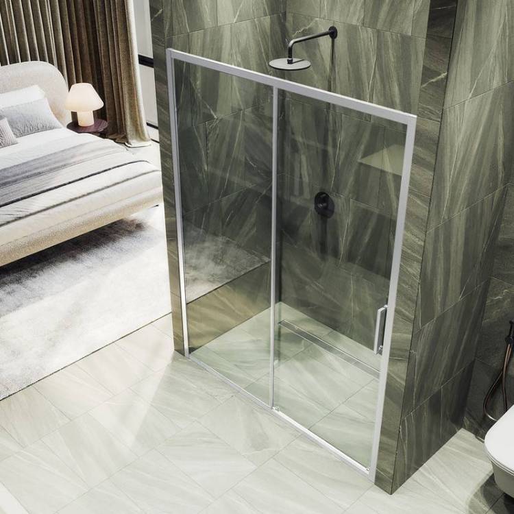 Душевая дверь в нишу MaybahGlass MGD-1275-5 профиль хром матовый, стекло бесцветное, 100x195