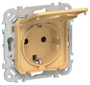 Розетка 1-местная с заземлением, шторками и крышкой IEK Flite FI-R16-16-1-44-K90 золотарник