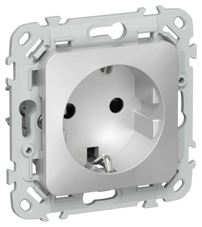 Розетка 1-местная с заземлением и шторками IEK Flite FI-R14-16-K47 алюминий