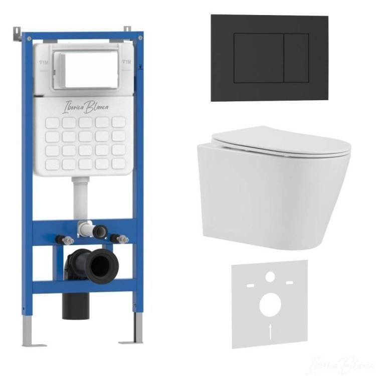 Унитаз с инсталляцией Iberica Blanca Burgos Alto IB001.BRA.234.851 безободковый, с крышкой-сиденьем микролифт, с черной матовой кнопкой