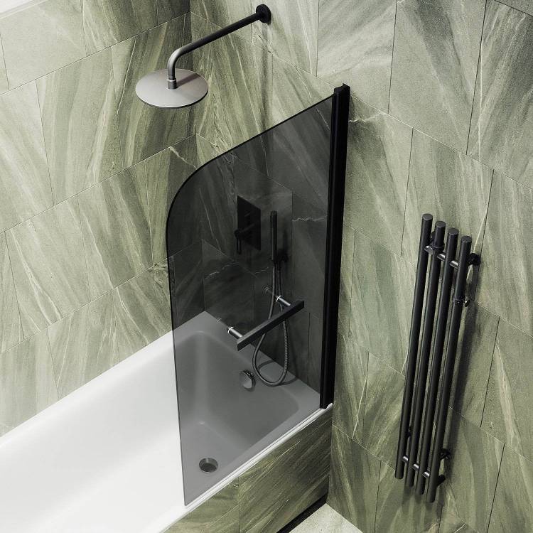 Шторка на ванну MaybahGlass MGV-785-6 70x140, поворотная, стекло графит 6 мм, профиль черный, с полотенцедержателем