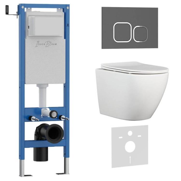 Унитаз с инсталляцией Iberica Blanca Bilbao Alto IB.001M.BLA.234.837 безободковый, с крышкой-сиденьем микролифт, с серой матовой кнопкой