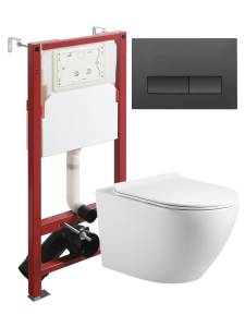 Унитаз с инсталляцией Agger ATI09150L+APB244 безободковый, с крышкой-сиденьем микролифт, с черной кнопкой