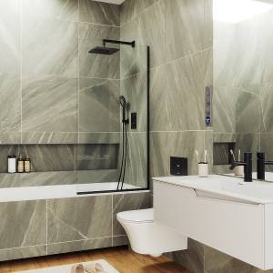 Шторка на ванну MaybahGlass MGV-62-6у стекло прозрачное, профиль черный, 1400x400