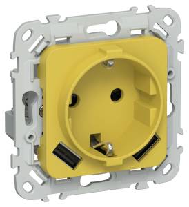 Розетка 1-местная с заземлением, шторками и USB Type A+A IEK Flite FI-R14-16-1-U21-D31-K44 желтый карри