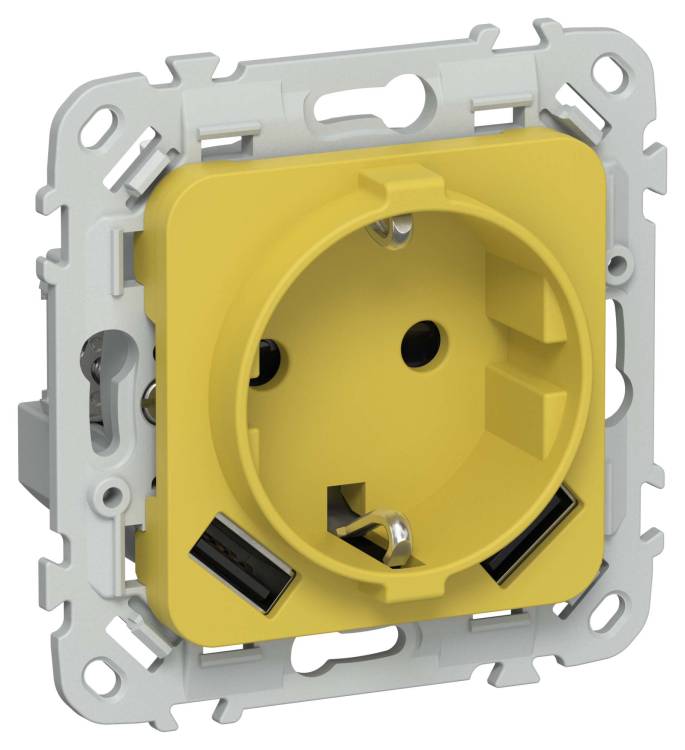 Розетка 1-местная с заземлением, шторками и USB Type A+A IEK Flite FI-R14-16-1-U21-D31-K44 желтый карри