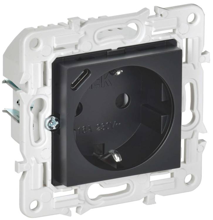 Розетка 1-местная с заземлением, шторками и USB Type С IEK Skandy SK-R14-16-U14-018-K02 черный