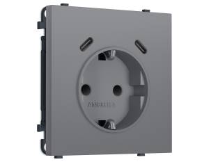 Комплект механизма электрической розетки 2USB C+C 20W с заземлением со шторками Ambrella Volt Sigma MS870510 платиново-серый мягкое касание