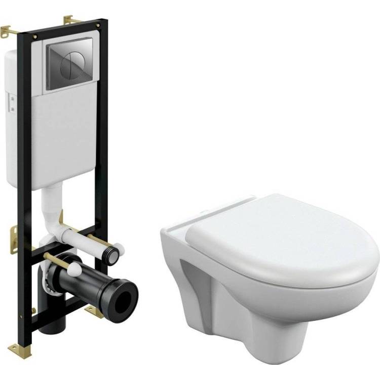 Унитаз с инсталляцией Cersanit Nature 64230 с крышкой-сиденьем микролифт, с кнопкой глянцевый хром