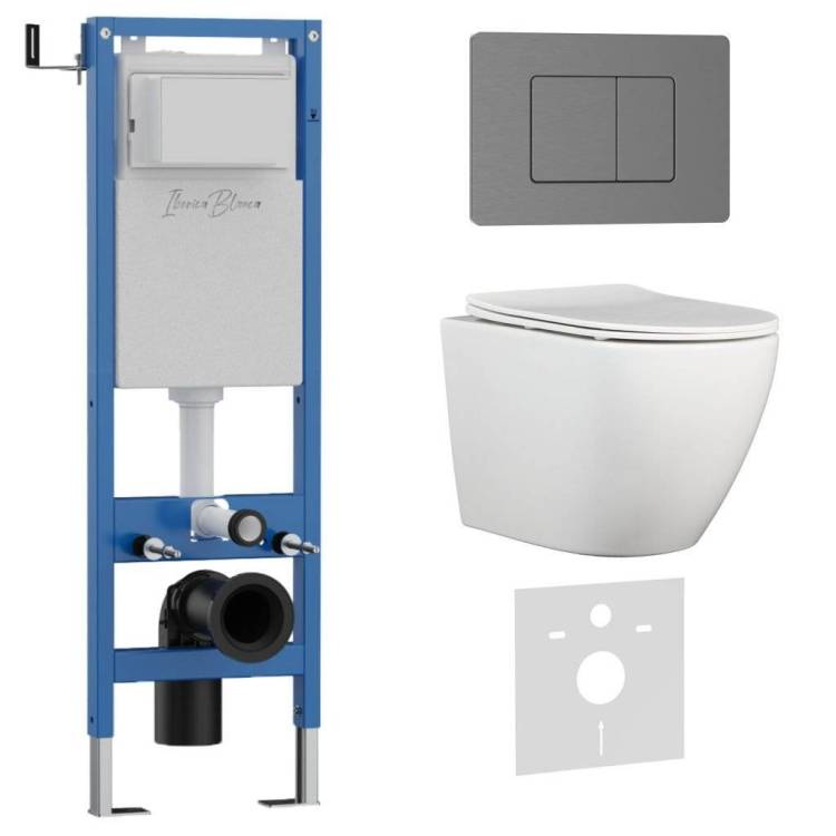 Комплект Iberica Blanca Bilbao Alto IB.001M.BLA.234.1180 унитаз безободковый, белый, сиденье микролифт, клавиша смыва вороненая сталь