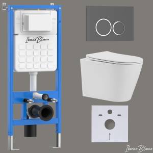 Унитаз с инсталляцией Iberica Blanca Burgos Alto IB001.BRA.234.827 безободковый, с крышкой-сиденьем микролифт, с серой матовой кнопкой