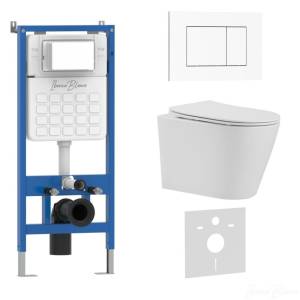 Унитаз с инсталляцией Iberica Blanca Burgos Alto IB001.BRA.234.855 безободковый, с крышкой-сиденьем микролифт, с белой глянцевой кнопкой