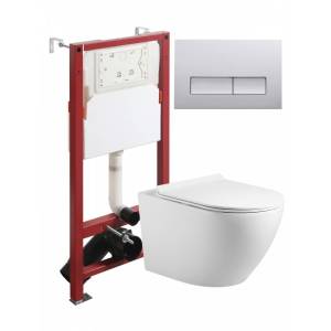 Унитаз с инсталляцией Agger ATI09150L+APB200 безободковый, с крышкой-сиденьем микролифт, с кнопкой хром