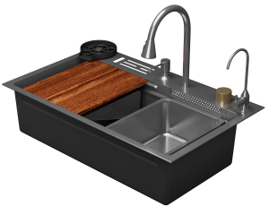Мойка кухонная D&K DKS754604 сатин, 75x22, со смесителем и аксессуарами