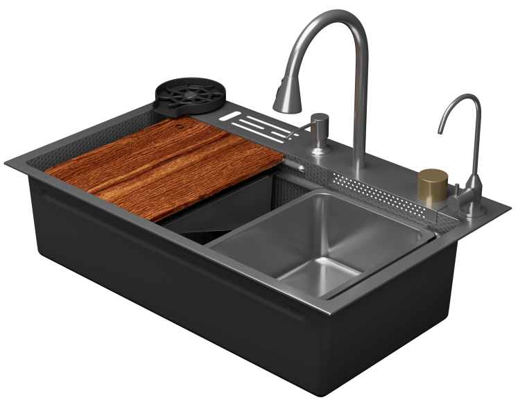 Мойка кухонная D&K DKS754604 сатин, 75x22, со смесителем и аксессуарами