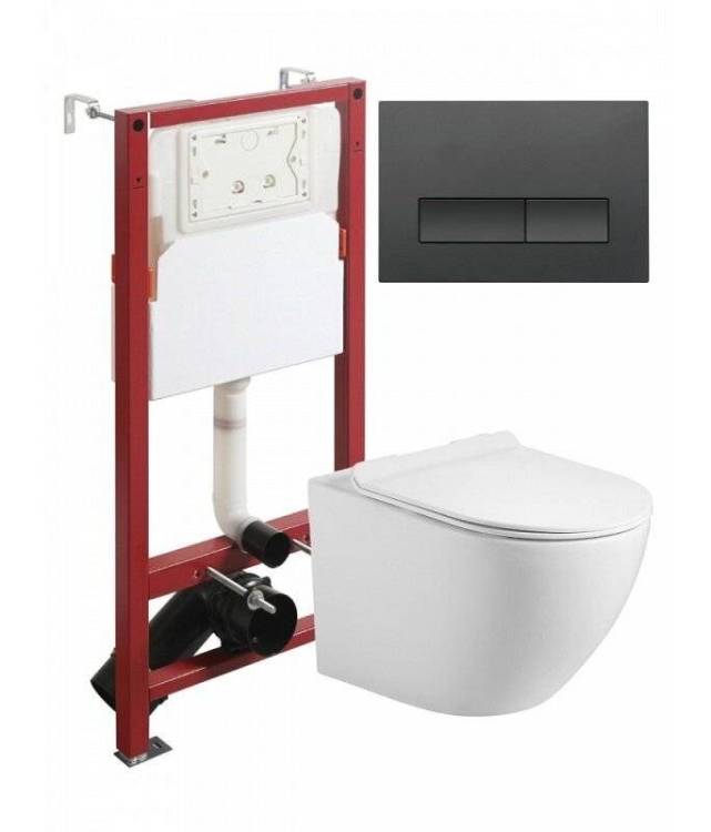 Унитаз с инсталляцией Agger ATI09150+APB244 безободковый, с крышкой-сиденьем микролифт, с черной кнопкой