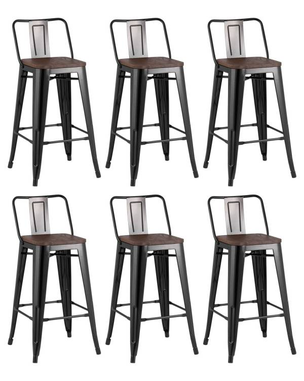 Набор из 6 полубарных стульев Stool Group Tolix YD-H675E-W LG-01 X6 черный глянцевый, темное дерево, со спинкой