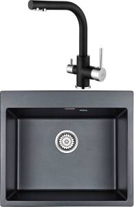 Комплект Мойка кухонная Paulmark Kante PM106052-BLM черный металлик + Смеситель Paulmark Essen Es213011-418 для кухонной мойки, черный металлик