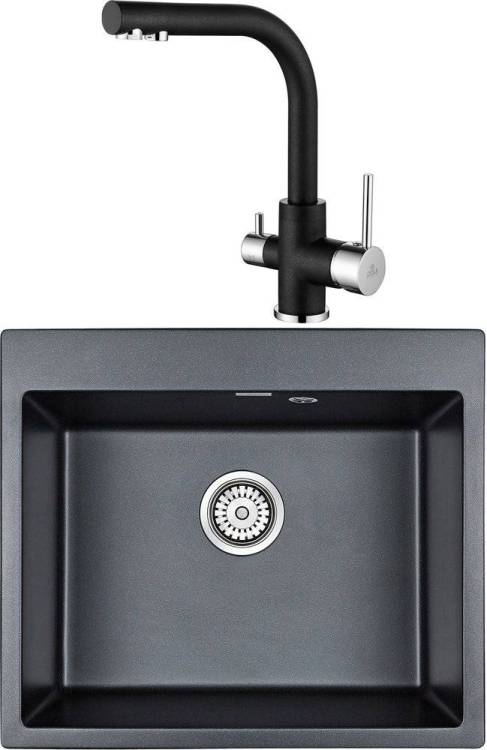 Комплект Мойка кухонная Paulmark Kante PM106052-BLM черный металлик + Смеситель Paulmark Essen Es213011-418 для кухонной мойки, черный металлик