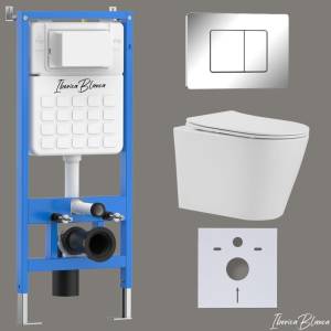 Унитаз с инсталляцией Iberica Blanca Burgos Alto IB001.BRA.234.1131 безободковый, с крышкой-сиденьем микролифт, с кнопкой глянцевый хром