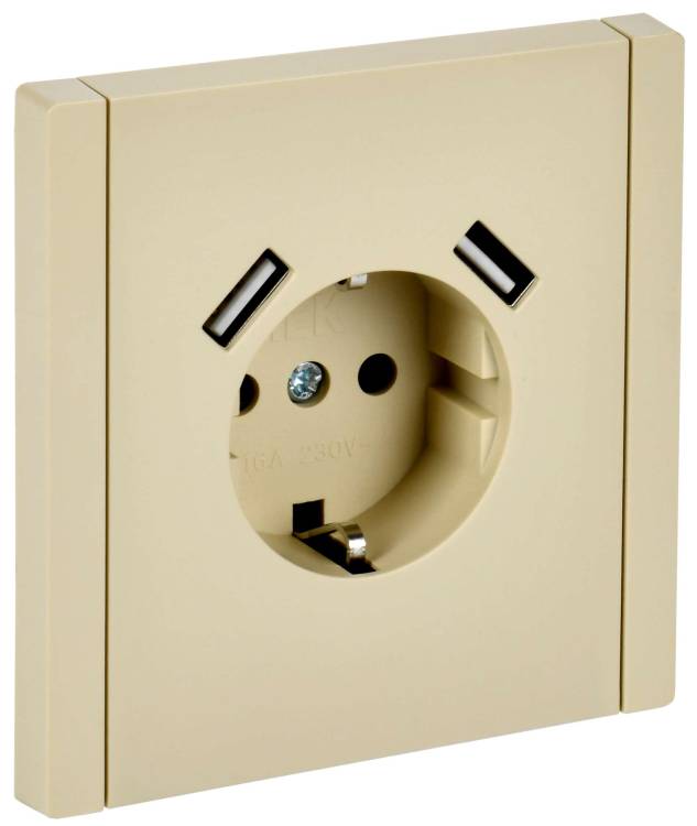 Розетка 1-местная с заземлением, шторками и USB Type A+A IEK Forte&Piano FP-R14-16-U21-D31-K10 ваниль