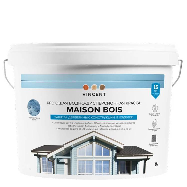 Краска водно-дисперсионная кроющая с воском для защиты древесины Vincent Maison En Bois база A 9 л