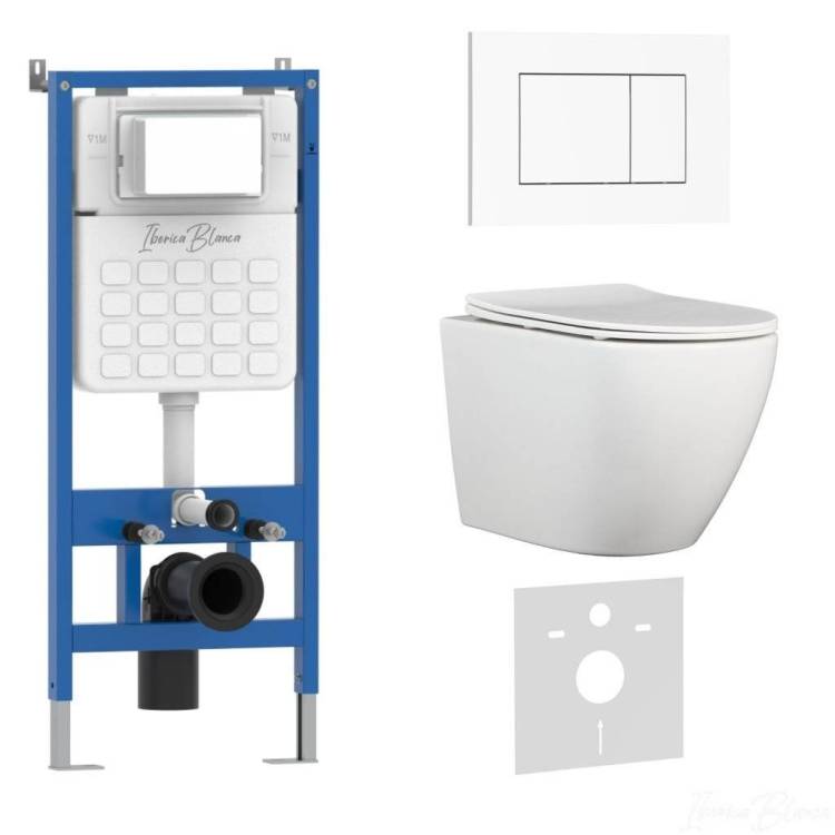 Унитаз с инсталляцией Iberica Blanca Bilbao Alto IB001.BLA.231.855 безободковый, с крышкой-сиденьем микролифт, с белой глянцевой кнопкой