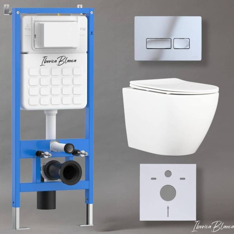 Комплект Iberica Blanca Bilbao Alto IB001.BLA.231.213 унитаз безободковый, белый, сиденье микролифт, клавиша смыва хром глянцевый