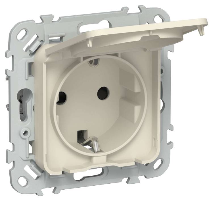 Розетка 1-местная с заземлением, шторками и крышкой IEK Flite FI-R16-16-44-K86 сливочный