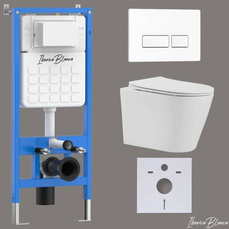 Унитаз с инсталляцией Iberica Blanca Burgos Alto IB001.BRA.231.211 безободковый, с крышкой-сиденьем микролифт, с белой глянцевой кнопкой