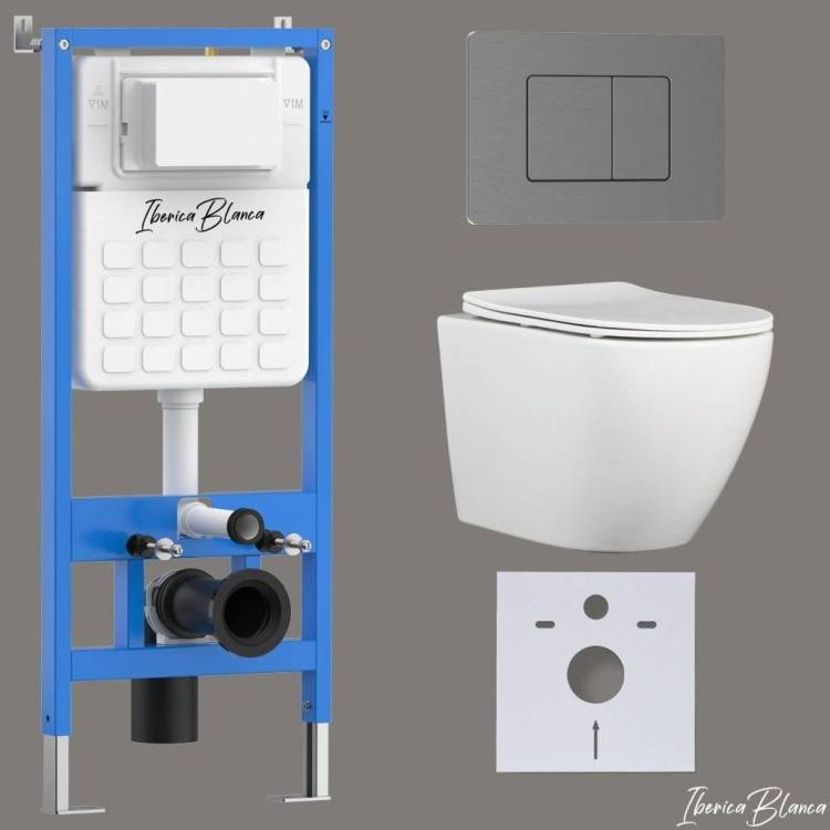 Унитаз с инсталляцией Iberica Blanca Bilbao Alto IB001.BLA.234.1180 безободковый, с крышкой-сиденьем микролифт, с кнопкой вороненая сталь