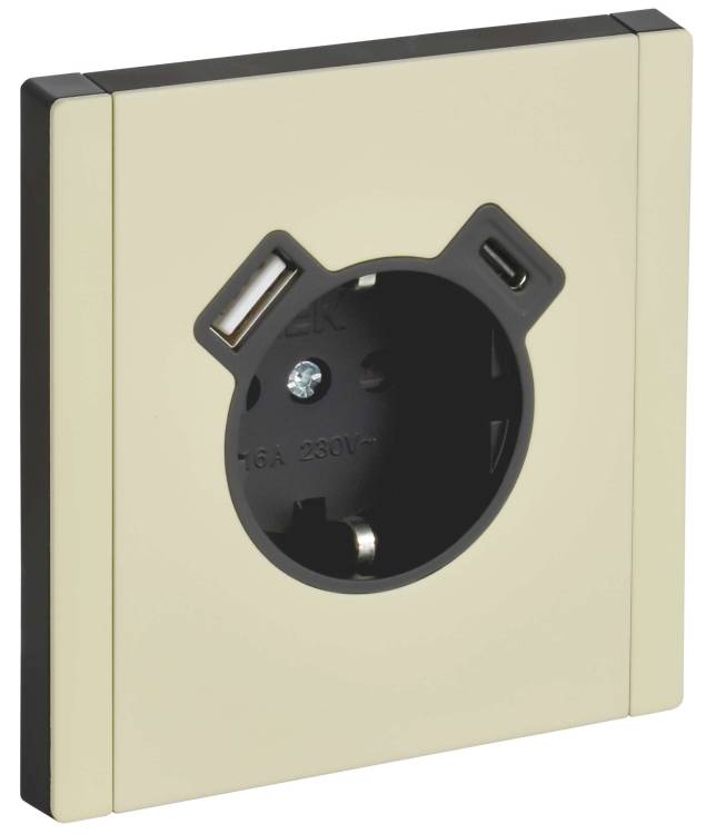 Розетка 1-местная с заземлением, шторками и USB Type A+С IEK Forte&Piano FP-R14-16-U22-018-M-K41 серый сланец