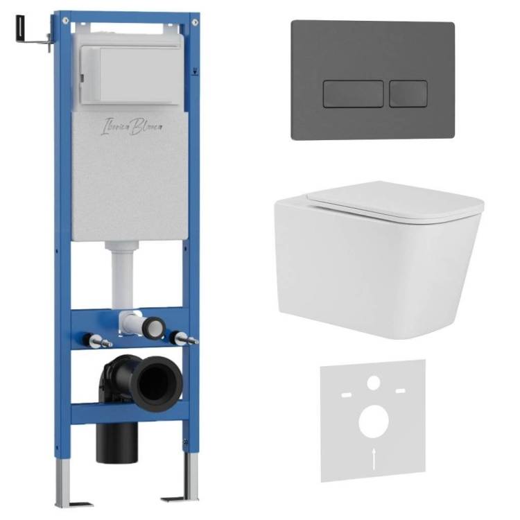 Унитаз с инсталляцией Iberica Blanca Toledo Alto IB.001M.TLA.234.218 безободковый, с крышкой-сиденьем микролифт, с серой матовой кнопкой