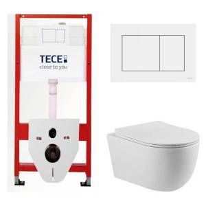 Унитаз с инсталляцией Tece TC413313201 безободковый, сиденье микролифт, белый глянец, кнопка смыва белая