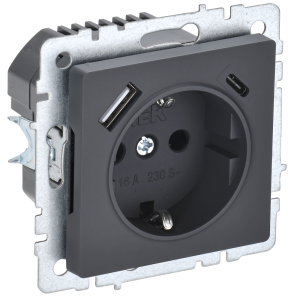 Розетка 1-местная с заземлением, шторками и USB Type A+С IEK Brite BR-R14-16-U22-018-K53 графит