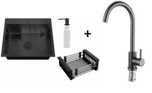 Комплект Мойка кухонная РМС MR MR-6050BL c корзиной и дозатором + Смеситель РМС SUS124PVD-017F чёрный