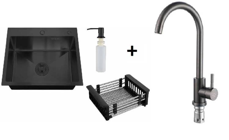 Комплект Мойка кухонная РМС MR MR-6050BL c корзиной и дозатором + Смеситель РМС SUS124PVD-017F чёрный
