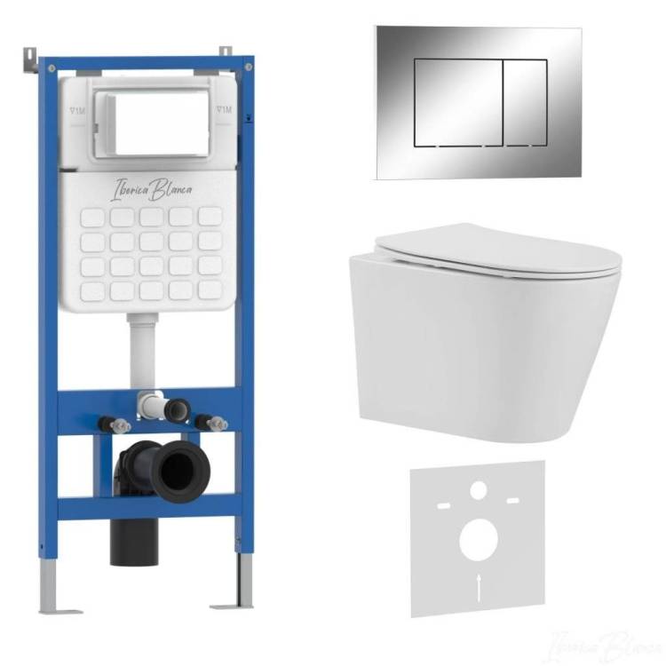 Комплект Iberica Blanca Burgos Alto IB001.BRA.231.852 унитаз безободковый, белый, сиденье микролифт, клавиша смыва хром глянцевый