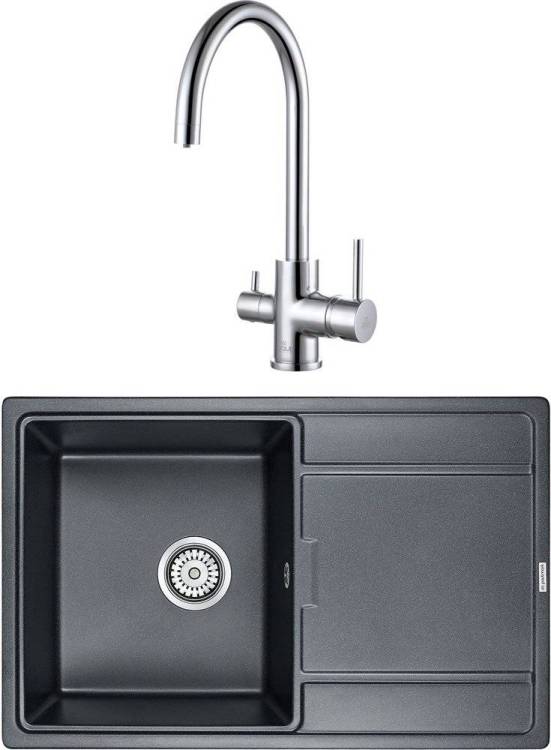 Комплект Paulmark Flugen PM217850-BLM черный металлик + Смеситель Paulmark Essen Es213211-CR для кухонной мойки, хром