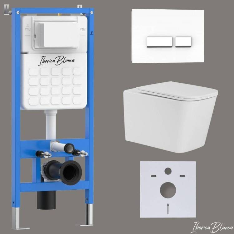 Унитаз с инсталляцией Iberica Blanca Toledo Alto IB001.TLA.234.2210 безободковый, с крышкой-сиденьем микролифт, с белой глянцевой кнопкой