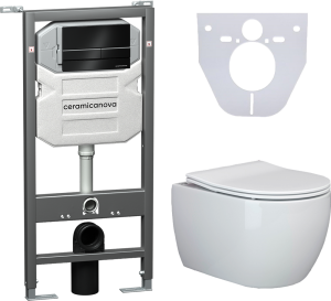 Комплект Унитаз подвесной Ceramica Nova Play CN3001 + Система инсталляции для унитазов Envision CN1002B с кнопкой смыва и шумоизоляционной панелью