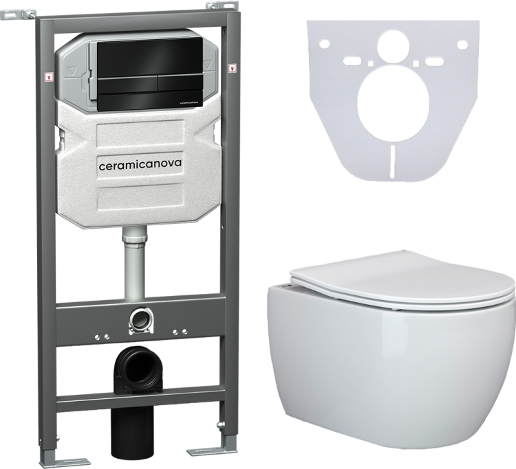 Комплект Унитаз подвесной Ceramica Nova Play CN3001 + Система инсталляции для унитазов Envision CN1002B с кнопкой смыва и шумоизоляционной панелью