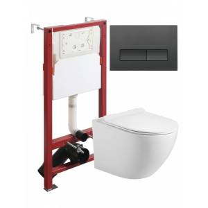 Унитаз с инсталляцией Agger ATI09150+APB244 безободковый, с крышкой-сиденьем микролифт, с черной кнопкой