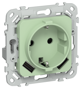 Розетка 1-местная с заземлением, шторками и USB Type A+A IEK Flite FI-R14-16-1-U21-D31-K93 фисташковый