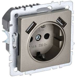 Розетка 1-местная с заземлением, шторками и USB Type A+A IEK Brite BR-R14-16-U21-D31-K37 шампань