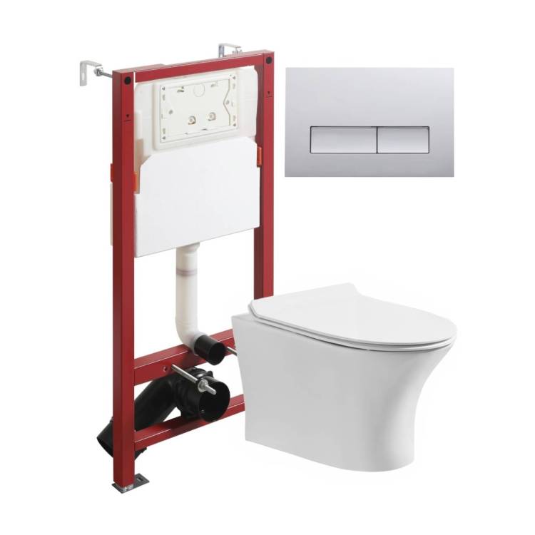 Унитаз с инсталляцией Orange CI01-100W+APB200 безободковый, с крышкой-сиденьем микролифт, с кнопкой, кнопка хром